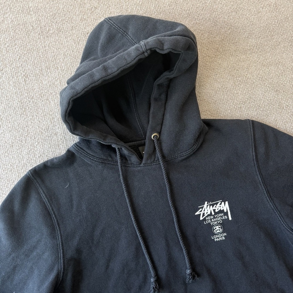 Stussy Hoodie Men's Sz Small Black World Tour City Flag Graphic Pullover